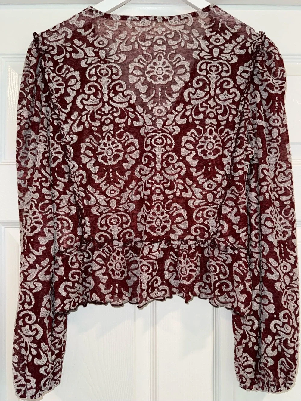 Anthropologie Jacquard Sheer V-Neck Long Sleeve Floral Peasant Blouse